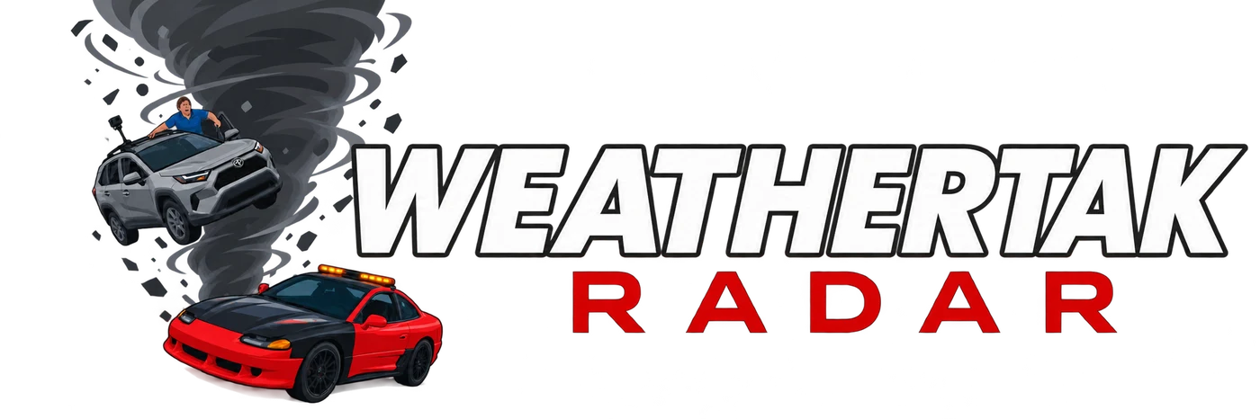 WeatherTAK Radar logo: a silver SUV and a red-and-black sports car racing a tornado